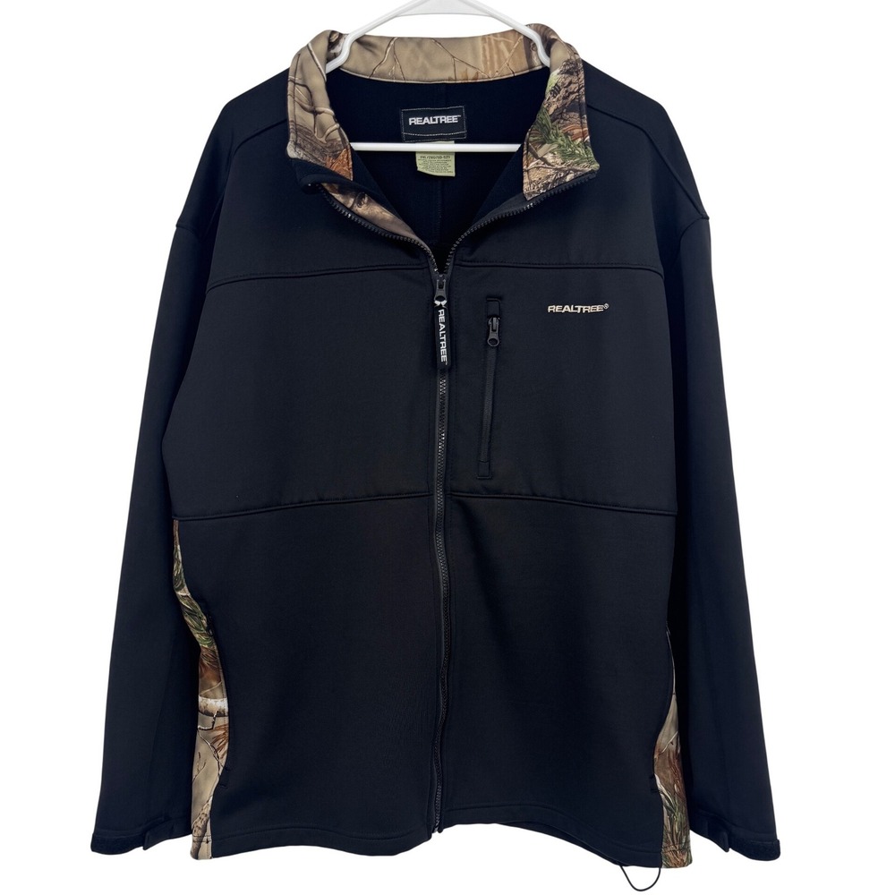 Realtree Mens 2XL Softshell Jacket Black Camo Trim Fleece Lined Full Zip Hunting